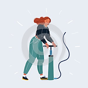 Vector illustration of woman. Man inflates the air something with a pumper. Pump it up character.