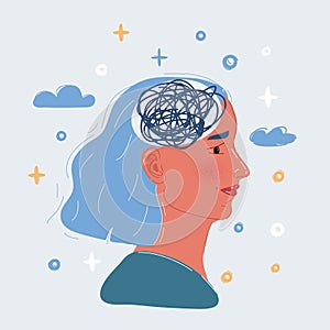 Vector illustration of woman with mess line inside her brain