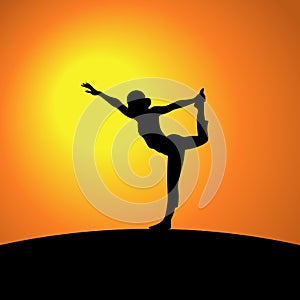 Vector illustration woman on the mountain   sport yoga sunset meditation on the nature balance pose