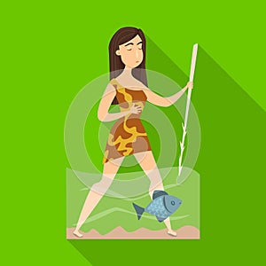 Vector illustration of woman and neanderthal icon. Set of woman and fish stock symbol for web.
