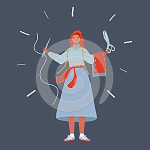 Vector illustration of woman with needle and sceesor in her hand. Dressmaker workshop on dark background.