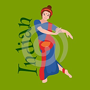 Vector illustration of woman performing Kathak classical dance Northern India. Indian traditional young dancing in sari