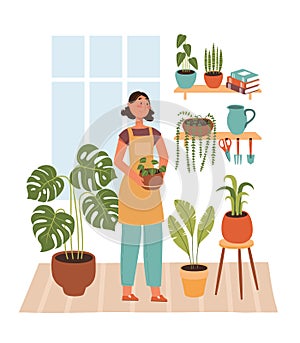 Vector illustration of woman planting flowers