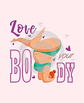 Vector illustration of woman plus size doing yoga. Body positive concept.