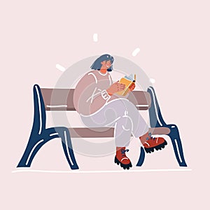 Vector illustration of woman reading a book sitting on banch