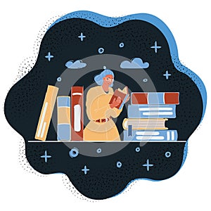 Vector illustration of Woman Reading book among stack of book arround.