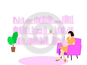 Vector illustration.Woman reading in a chair in the library. Flat design