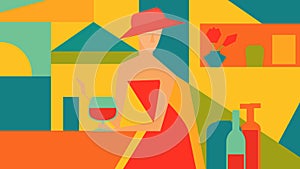 Vector illustration of a woman in a red dress drinks wine in a cafe by the sea. Cubism.