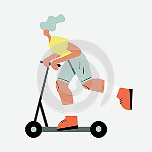 Vector illustration with woman riding kick scooter. Cartoon charcater
