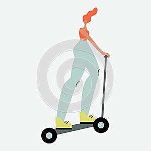 Vector illustration with woman riding kick scooter. Cartoon charcater