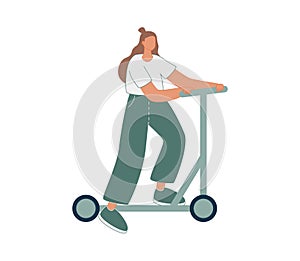 Vector illustration with woman riding kick scooter. Cartoon charcater