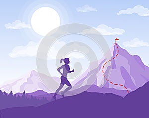 Vector illustration of woman running to the point in mountains. Business concept, young woman run on the rocks to the