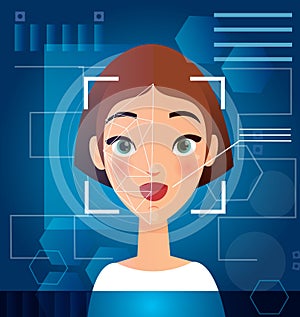 Vector illustration of woman s face recognition concept. Biometric face scanning, futuristic security, personal