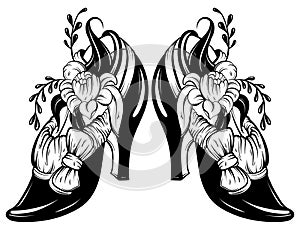 Vector illustration of woman shoe with flowers and bow.