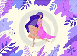 Vector illustration. Woman sitting with leaves, florals, wavy elements around. Web page design templates for beauty, spa