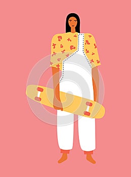 Vector illustration of woman with skateboard. Cool cartoon charcater in modern clothes