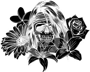 vector illustration of woman Skull with flower Lily