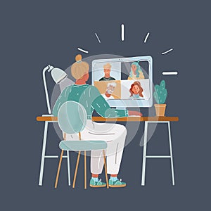 Vector illustration of Woman speak with her team. Online Virtual Meetings, working Home. Teleconference video conference photo