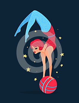 Vector illustration of woman standing on arms on ball. Circus artist doing trick handstand. Cute cartoon character