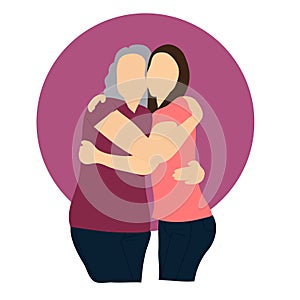 Vector illustration of a woman standing while hugging her mother. Flat design