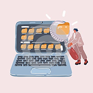 Vector illustration of woman studying or entrepreneur working with a laptop. Searching prosess with laptop