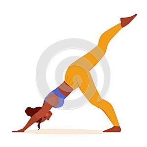Vector illustration of a woman in a suit practicing yoga stretching and bending her spine. Vector cartoon of girl in dog