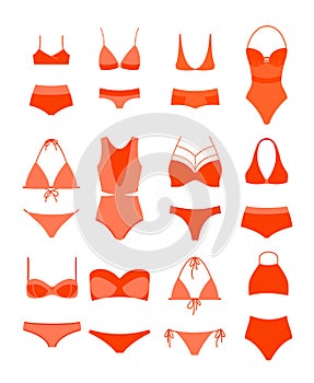 Vector illustration of woman summer bikini set. Female underwear, women s swimming suits in different design types, red