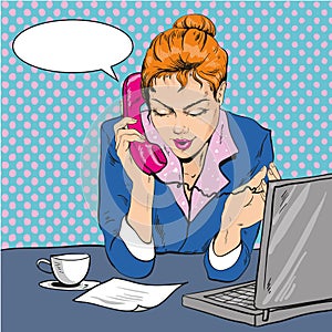 Vector Illustration of woman talking over the phone, pop art