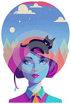 Vector illustration, woman thinking about cats