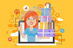 Vector illustration woman thumbs up in laptop notebook with lot of shopping packing boxes of gifts in flat style