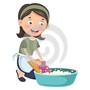 Vector Illustration Of Woman Washing Clothes