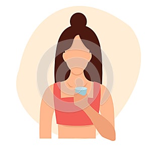 Vector illustration of a woman with a water drain in flat style. Infographics about woman s health, drinking water in the heat and