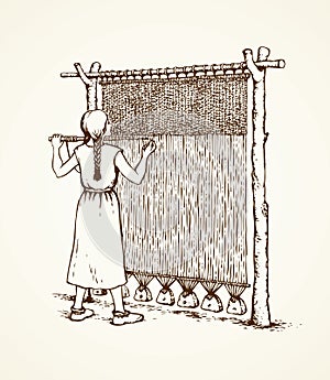 Vector illustration. Woman weaves in ancient loom