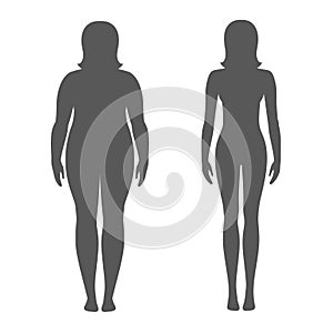 Vector illustration of a woman before and after weight loss. Female body silhouette. Slim and fat girls.