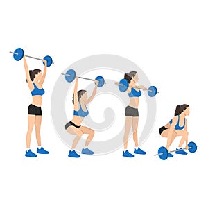 The vector illustration of the woman weightlifter with snatching barbell
