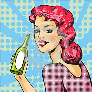 Vector illustration of woman with wine in pop art style