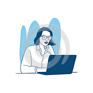 vector illustration woman , working, work frome home, freelance, using a laptop flat vector style
