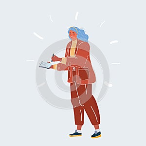 Vector illustration of woman write in notebook paper. Put in ideas, plan, report