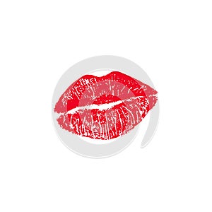 Vector illustration of womans girl red lipstick kiss mark isolated on white background. Valentines day icon, sign