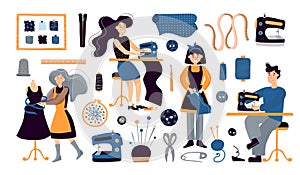 Vector Illustration women,children and men in studio sew dress. Free time, rest from work. Group classes and modern hobby.