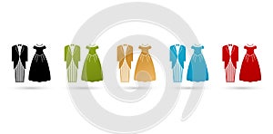 vector illustration women dresses and tuxedos isolated on a white backgrounds with five colors
