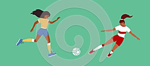 Vector illustration of women football with female soccer players playing ball on green field