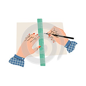 Vector illustration. Women`s hands hold a ruler and pencil, draw on paper or fabric. Hands of a needlewoman in a flat pattern.