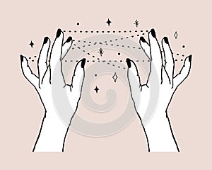 Vector illustration of women`s hands holding stars. Trendy linear and minimal boho tattoo style for logo, emblem, t-shirt fashion