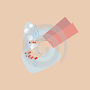 Vector illustration of women's hands washing. Women's hands with red manicure with a diamond ring.