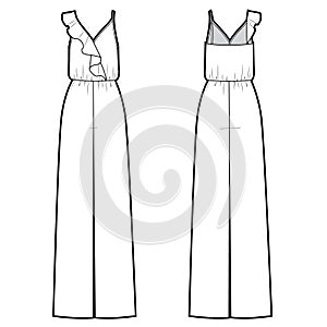 Vector illustration of women`s jumpsuit with frill. Front and back