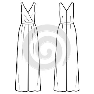 Vector illustration of women`s jumpsuit. Front and back