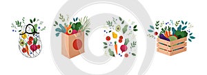 Vector illustration - Wooden box and grocery bag with raw vegetables, fruits. Tomato, avocado, aubergines, beetroot and greens.