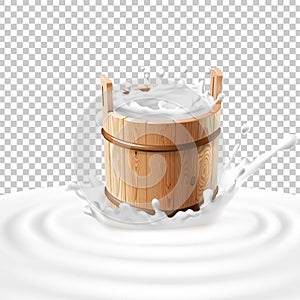 Vector illustration of a wooden bucket with milk standing in the center of a dairy splash.