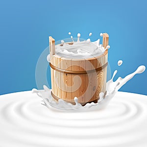 Vector illustration of a wooden bucket with milk standing in the center of a dairy splash.